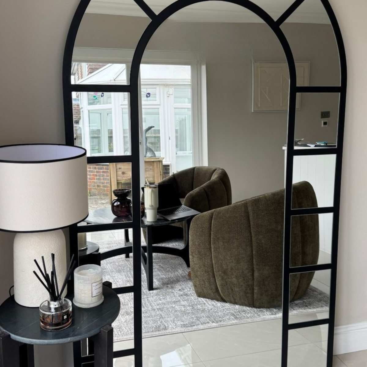 Black Curved Top Large Grid Mirror