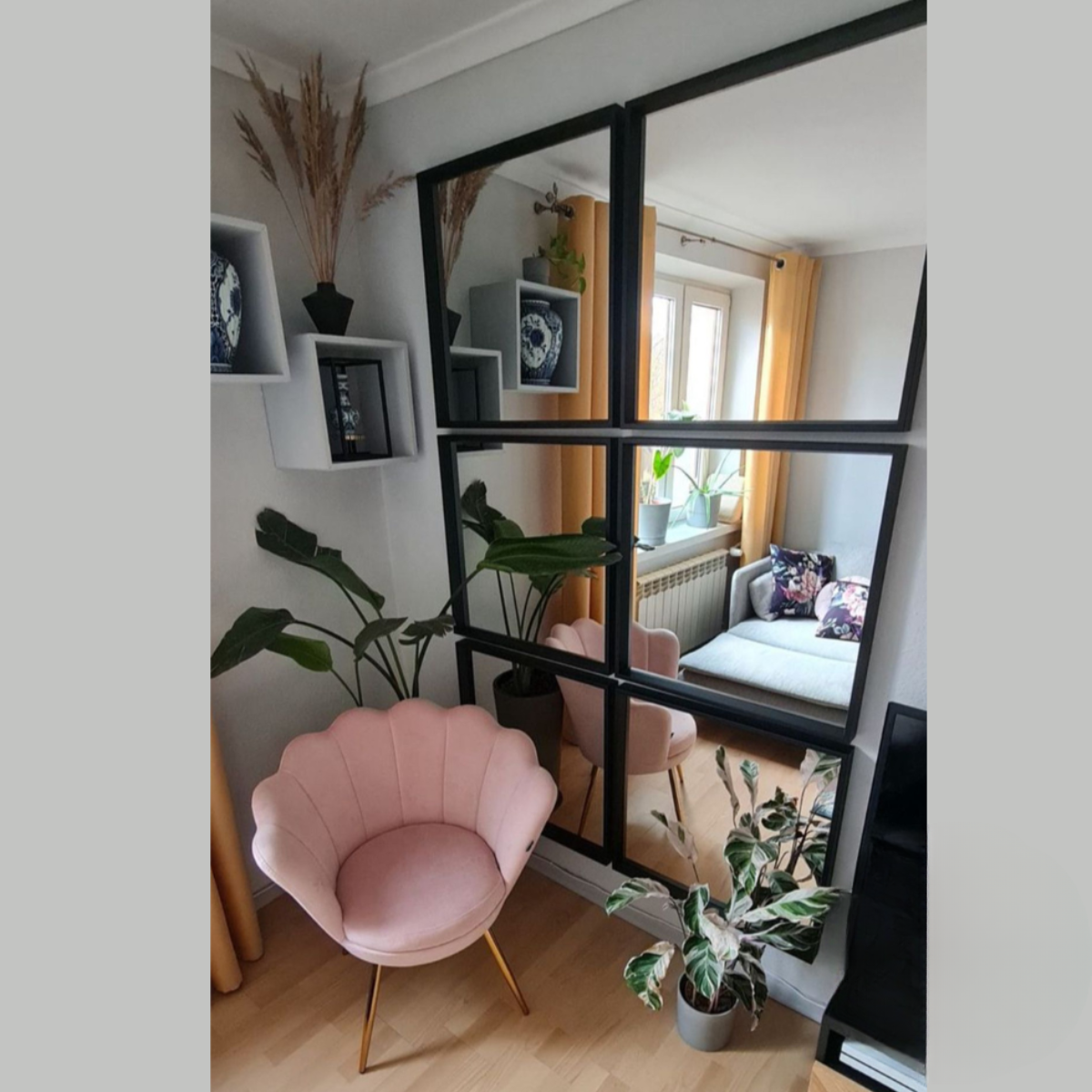 Large Black Framed 6 Panel Wall Mirror