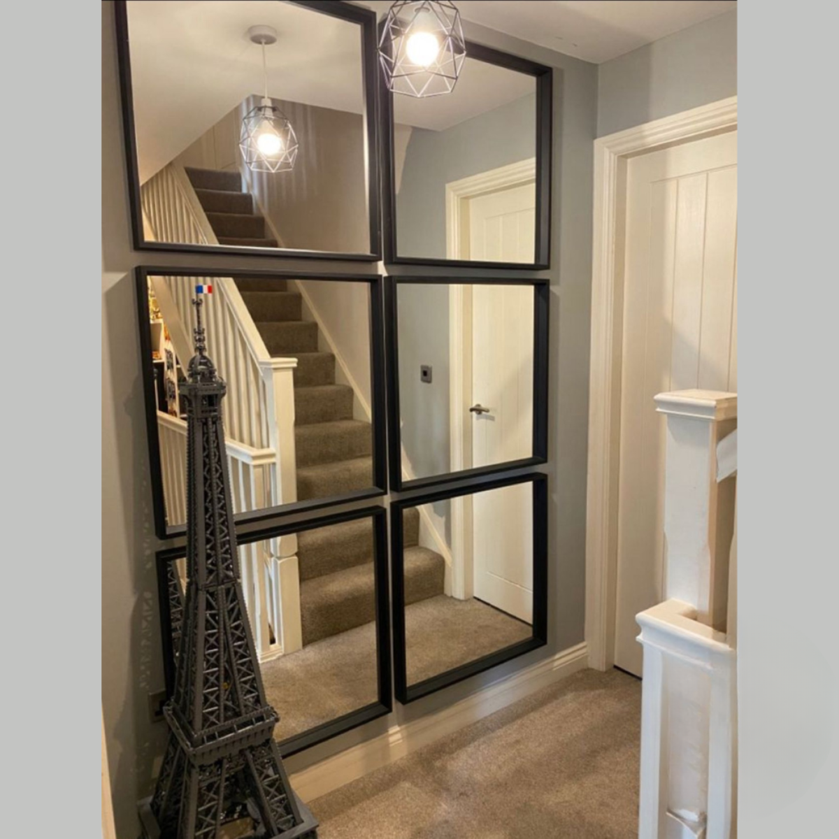 Large Black Framed 6 Panel Wall Mirror